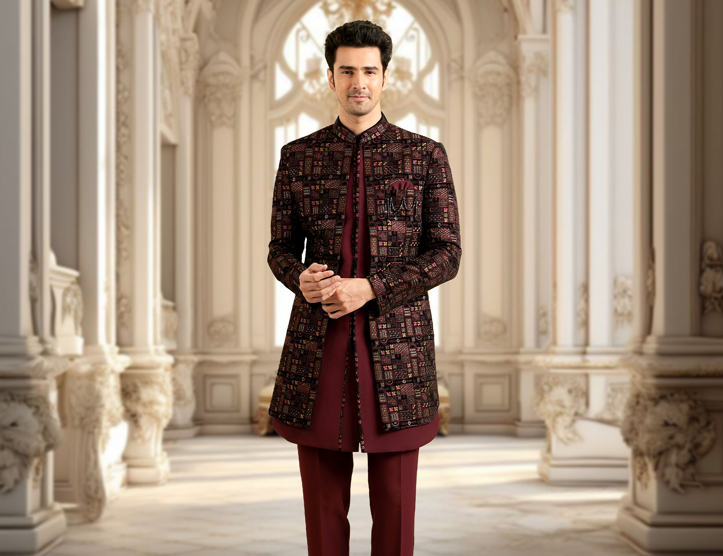 A man in red sherwani with brown printed jacket 